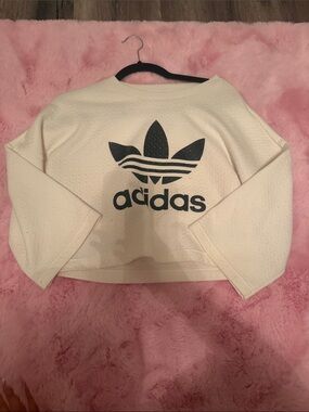 adidas Cream Cropped Crewneck Sweatshirt with Black Trefoil
